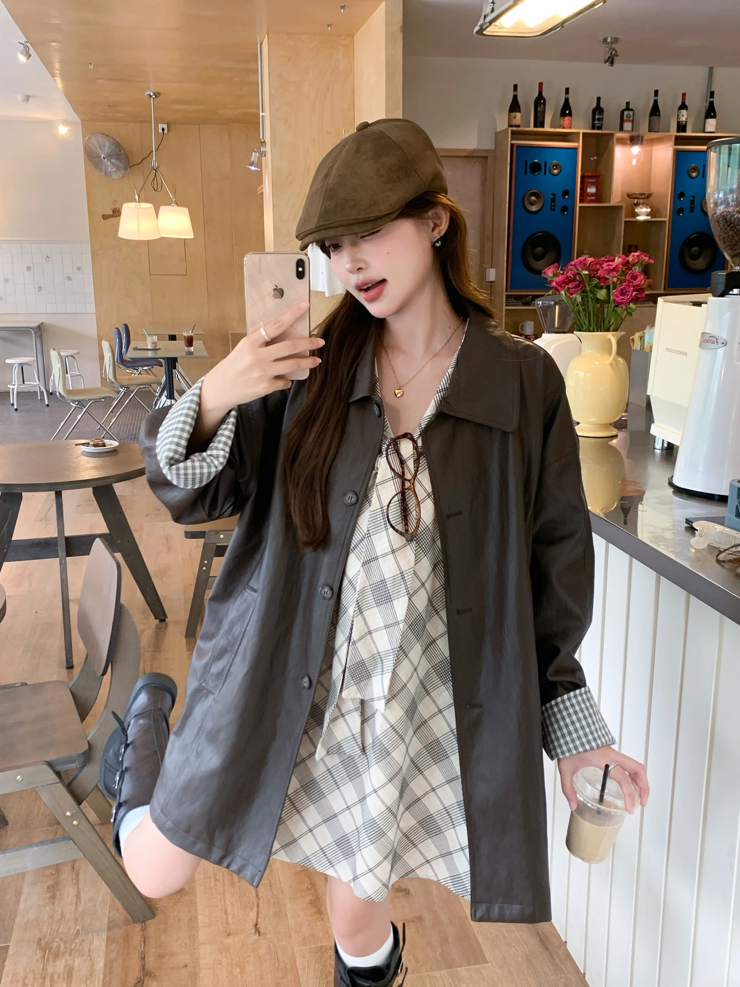 Ele Long Leather Jaet Women's Loose Sle Korean Faion Autumn New Arrival PU Material Commute Sle Zipper Closure