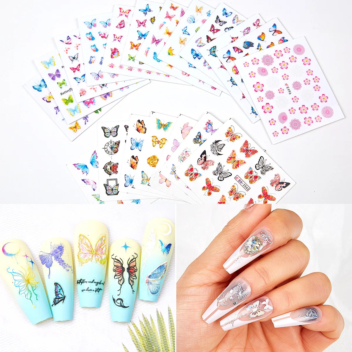 DIY Nail Art Accessories Set with 12 Grids of Butterfly Glitter Sticker Flatback Rhinestone Pearl Soft Clay Mixed