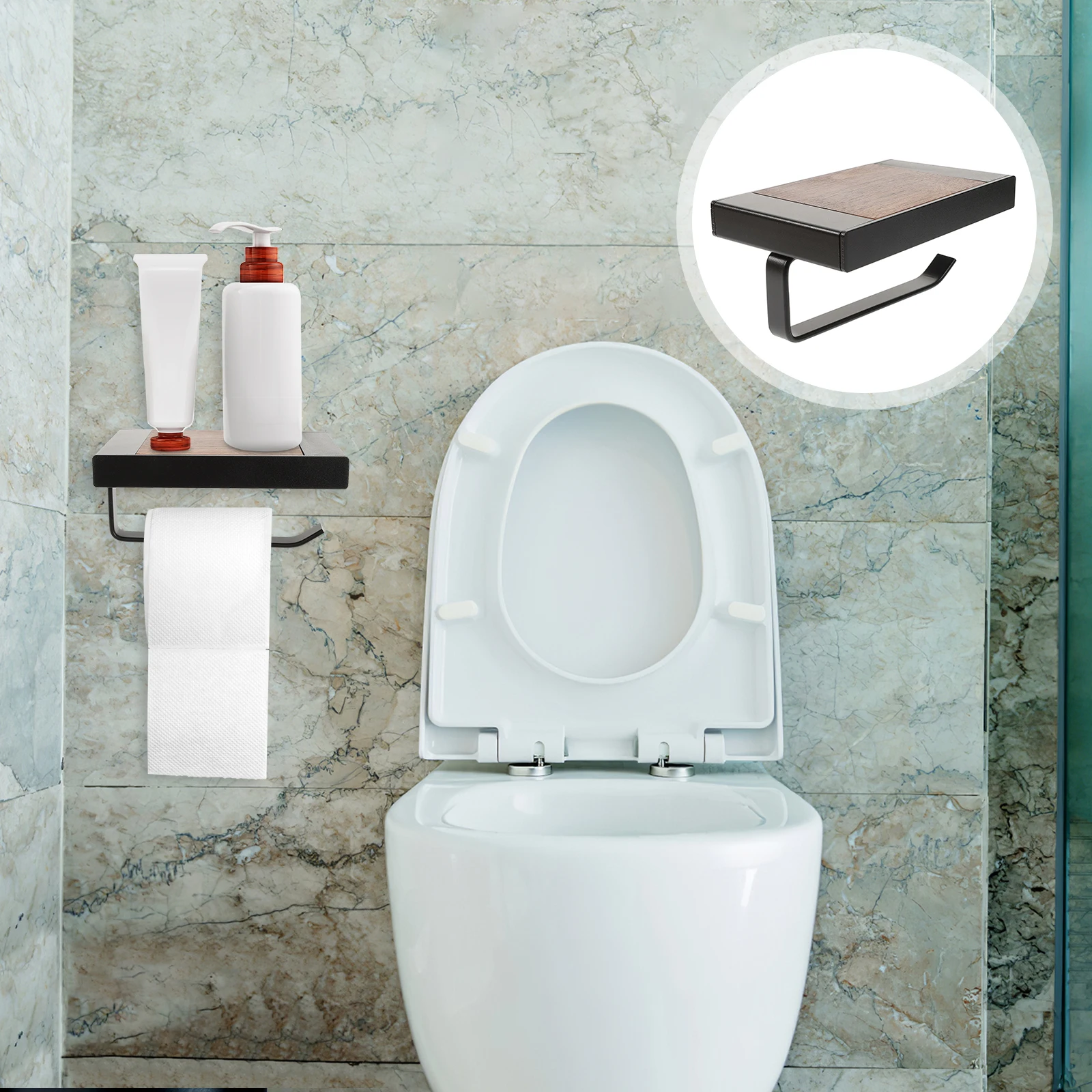 

Wall Mounted Toilet Paper Holder Black 3312 Walnut Wood Aluminum Dual Use Bathroom Tissue Rack Storage Shelf Toilet Paper