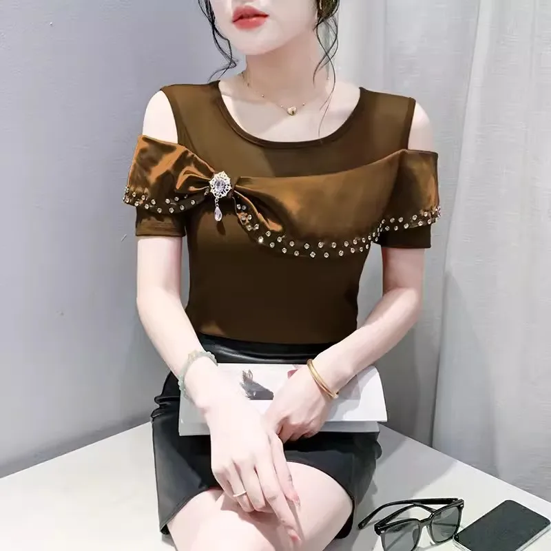 Design Luxury Diamonds Bow Top For Women Sexy Mesh Patchwork Off The Shoulder Short Sleeves Tees Female Korean Summer T-Shirt