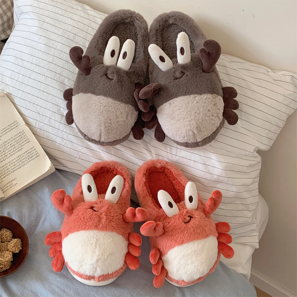 Plush Crab Slippers Comfortable Thermal Home Slippers Non-Slip Fluffy Couple Slippers Furry Animal Slippers for Autumn Winter