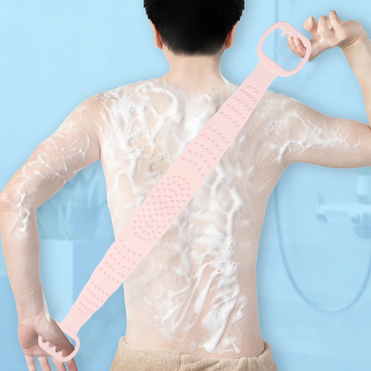 

Pink Long Bath Scrubber Premium Silicone Exfoliating Body Scrubber For Shower Back Cleaning Rubbing Mud Towel Durable