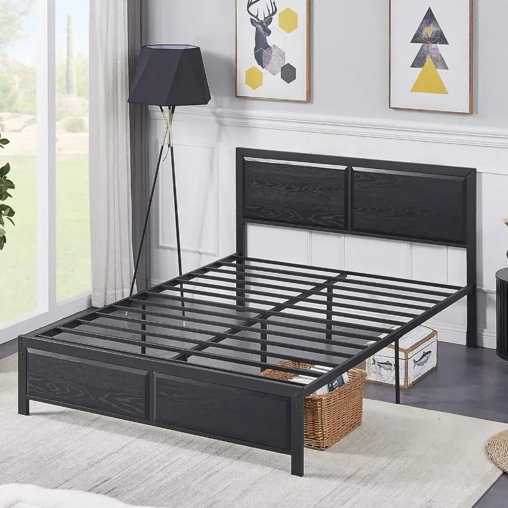 Full Size Platform Bed Frame with Black Wood Headboard, Mattress Foundation, Strong Metal Slats Support, No Box Spring Needed