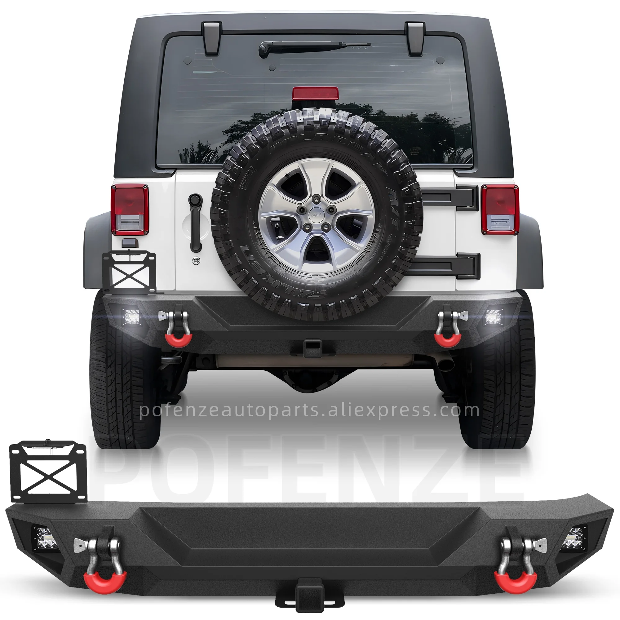 

Rear Bumper for Wrangler JK JKU 2007-2018, Textured with 2" Hitch Receiver, LED Lights, License Plate with Lights & D-rings