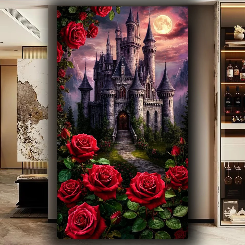 

Mysterious Gothic Castle Red Rose DIY Diamond Painting Kit,Full Drill Round Diamond Art, Diy Handmade Gifts Home Decor