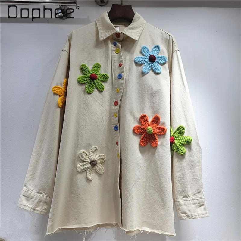 ربيع الخريف جديد الثقيلة التطريز الأزهار قميص دينيم للنساء ركاب نمط موضة فضفاضة عادية كم طويل بلوزة الإناث