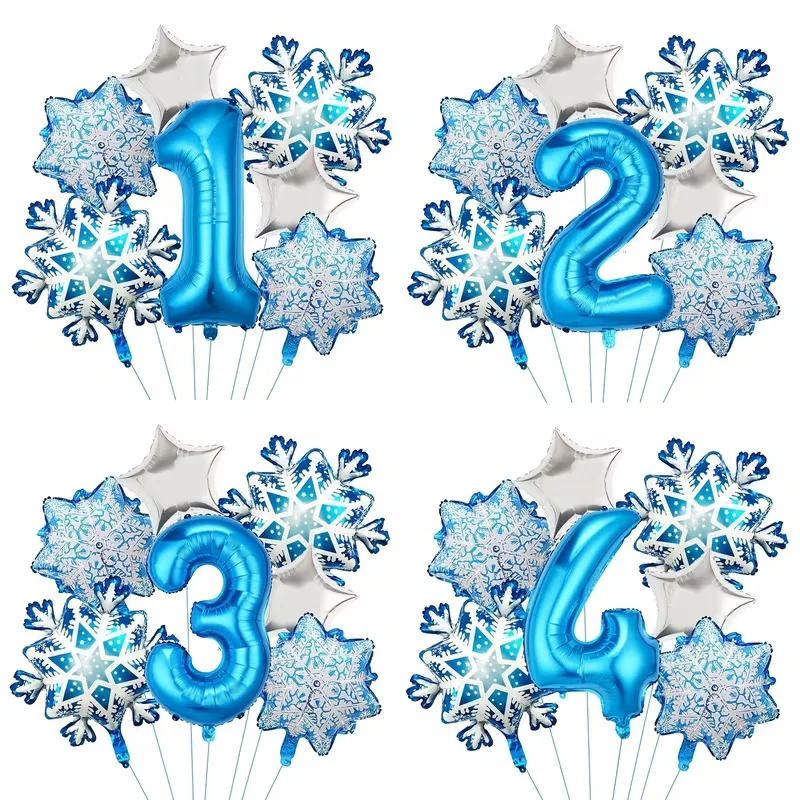 7Pcs Snowflake Theme Balloon Set Includes Snowflake and Blue Number Aluminum Foil Balloons, Perfect for Birthday Christmas Decor