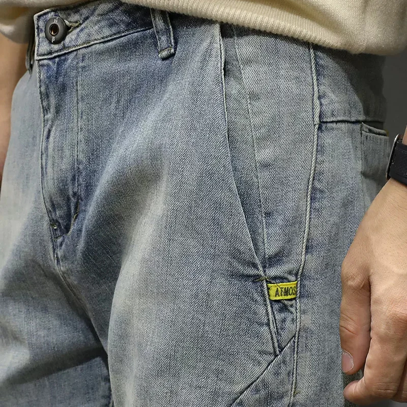 Fashion Designer Men Jeans Retro Blue Elastic Slim Fit Spliced Vintage Jeans Men Korean Style Casual Denim Pencil Pants Hombre