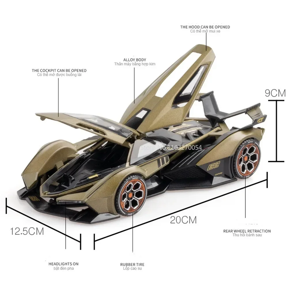 Lambo-Modèle réduit de voiture V12 en alliage moulé sous pression, échelle 1:22, portes ouvertes, son et lumière, nervure arrière, véhicule l'inventaire, cadeau idéal pour enfant