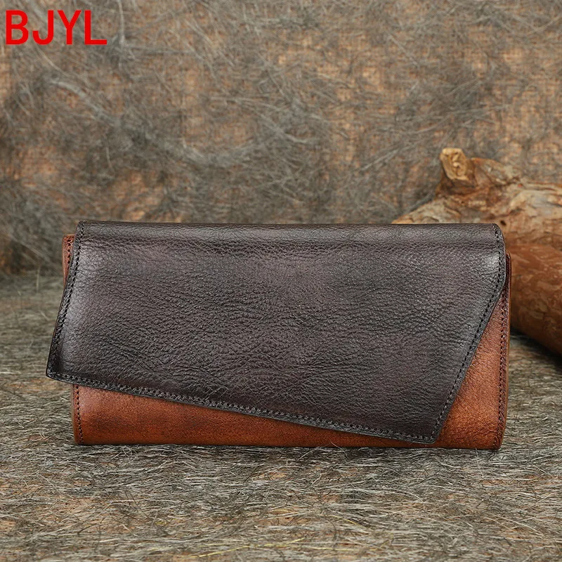 2021 nowy Retro Casual Clutch bag portfel damski prawdziwy skórzane etui na karty portfel tri-długie składane portfele o dużej pojemności torebki