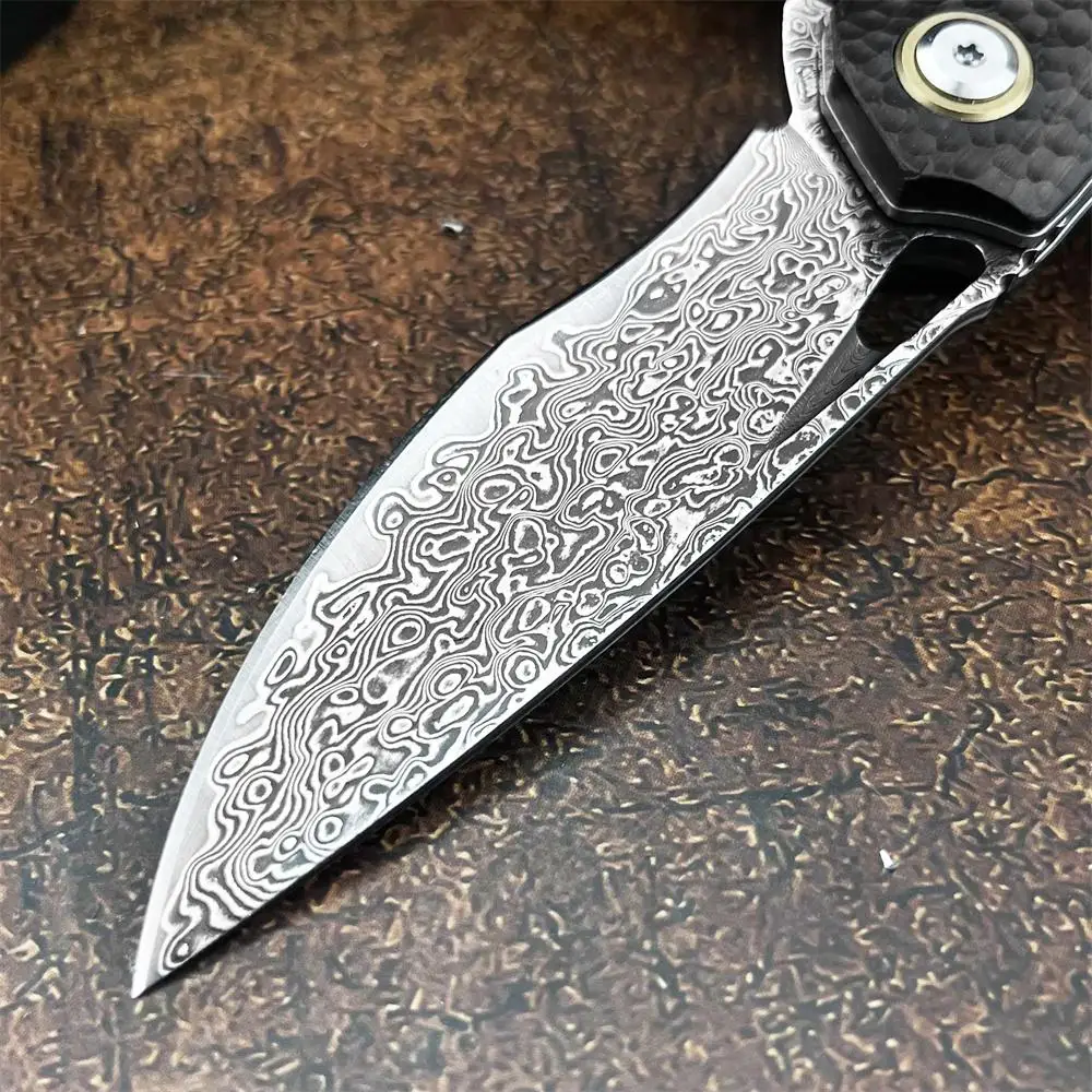 EDC جيب سكين للفرد دمشق الصلب مع مقبض خشب الجوز الأسود وغمد الجلود في الهواء الطلق التخييم المشي لمسافات طويلة سكينة تكتيكية #2