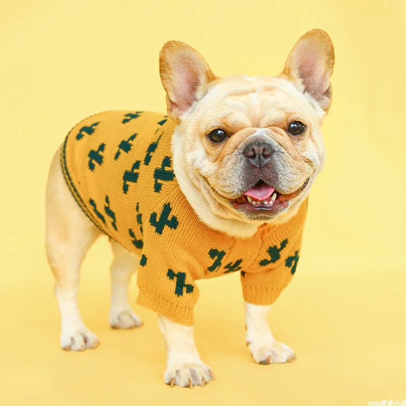 1PC Pet Clothing Cat Autumn Winter Thickened  Yellow Cactus Elastic Pullover Knitted Suitable Sweater for Small and Medium Dogs