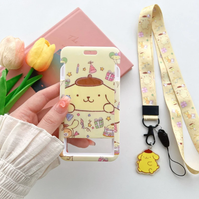 Sanrio Series Pom Pom Purin Badge Long Rope Card Holder Student Protection Card Access Control Bus Card Holder Cartoon ID Holder