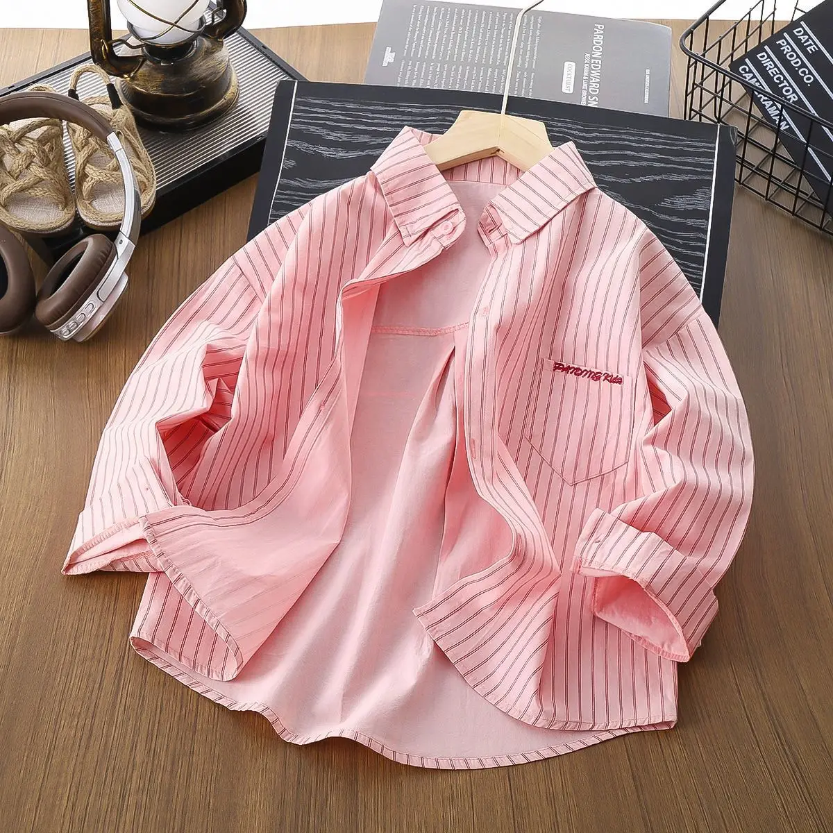 

Spring and Autumn Girls' Shirt Jacket New Children's Striped Shirt Casual Pink Western Long Sleeve Top