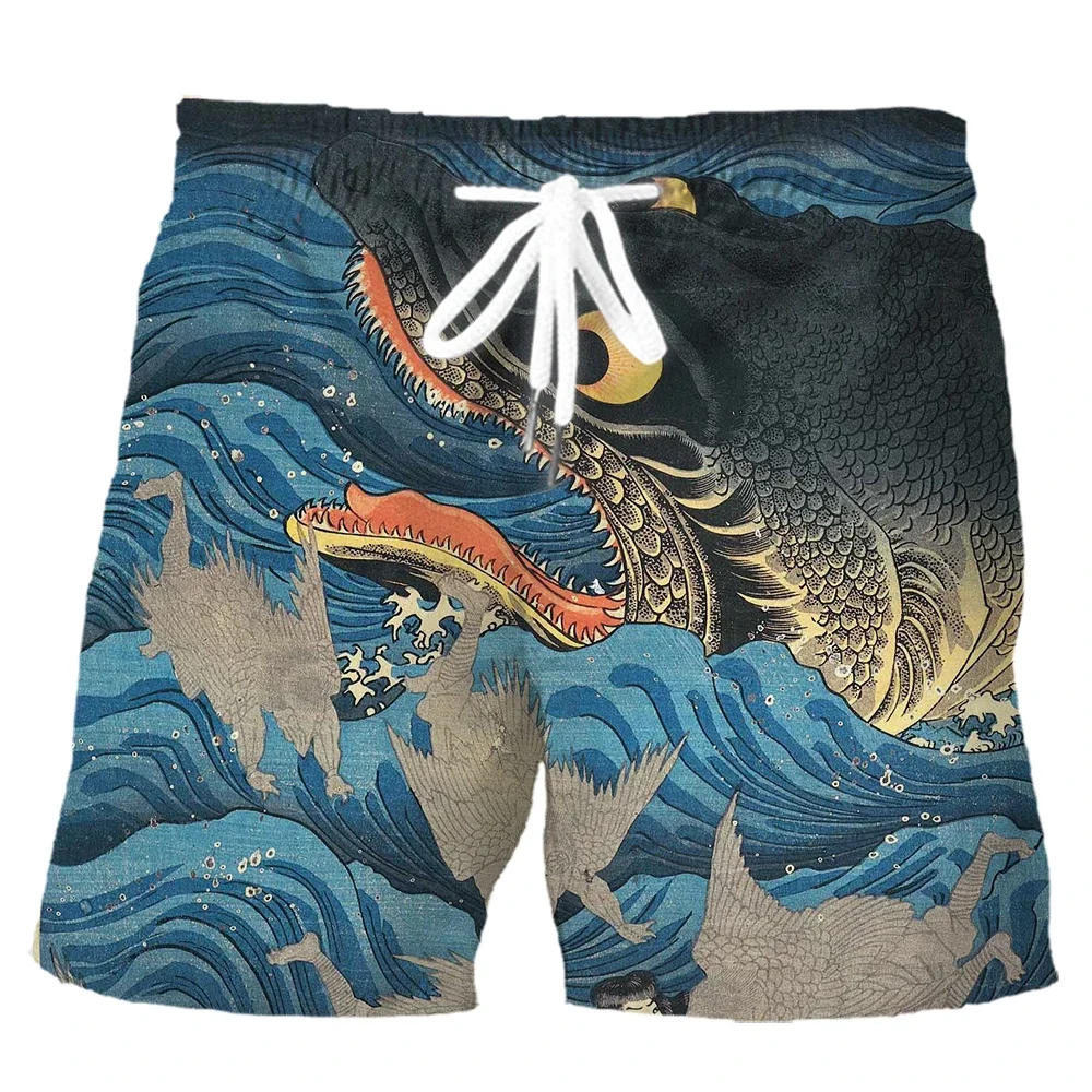 

HX модные спортивные шорты Japan Art Surf Monster брюки с 3D принтом летние мужские повседневные шорты из полиэстера S-5XL