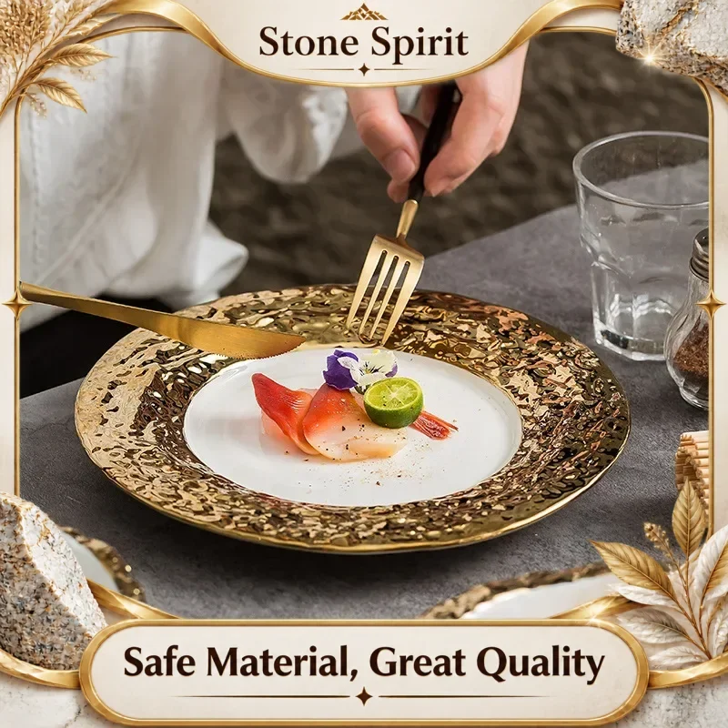Wide Gold Edged Stone Patterned Ceramic Western Dish Plate, Soup Bowl, Sushi, Dessert Plate, Featured Hotel Circular Dish
