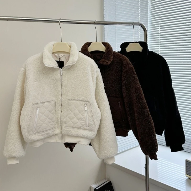 Solid Color All-match Casual Collar Zipper Jacket Winter New Women Warm Coat Design Patchwork Diamond Pocket Thickened Jacket