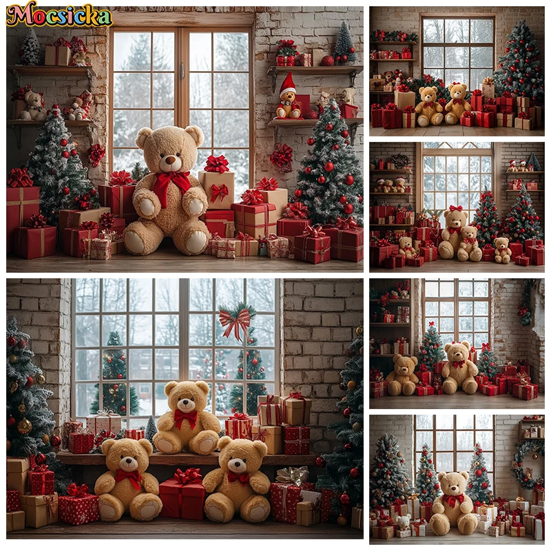 

Mocsicka Christmas Backdrop Photography Window Brick Wall Toys Bear Gifts Xmas Tree Backgrounds Shooting Home Decorations Studio