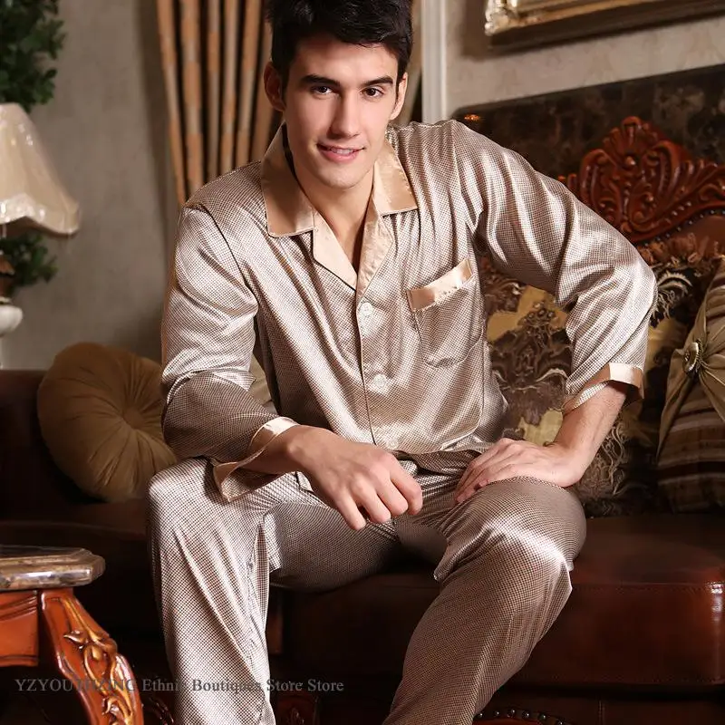 

Spring Autumn New Male 2PCS Pajamas Set Sleepwear Print Long Sleeve Trouser Pijamas Suit Loungewear Loose Silk Satin Home Wear