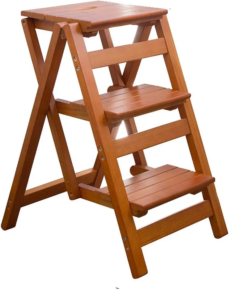 

Step Stool For Adults/Step Ladder/Counter Chair, 3-Step Folding Portable Wooden Step Stool, Anti-Slip & Lightweight (Nut -