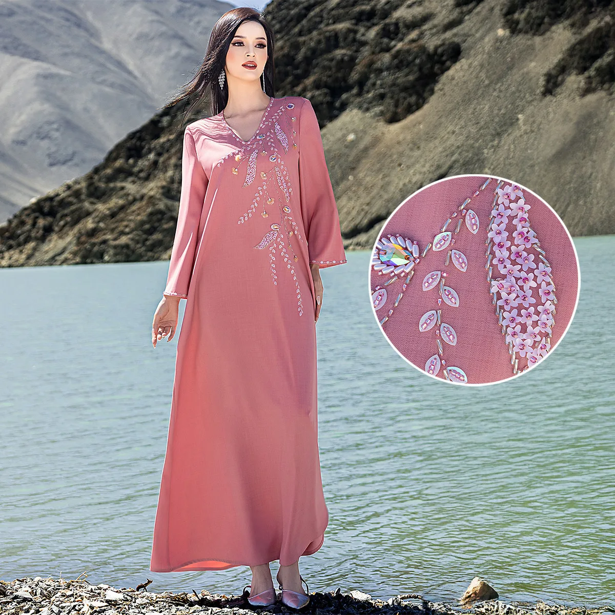 

Ba5226 Elegant Hand-sewn Rhinestone Evening Dress Abaya Long Dress Muslim Robe Robe Abaya Ramadan Dubai Luxury Islam Elegant