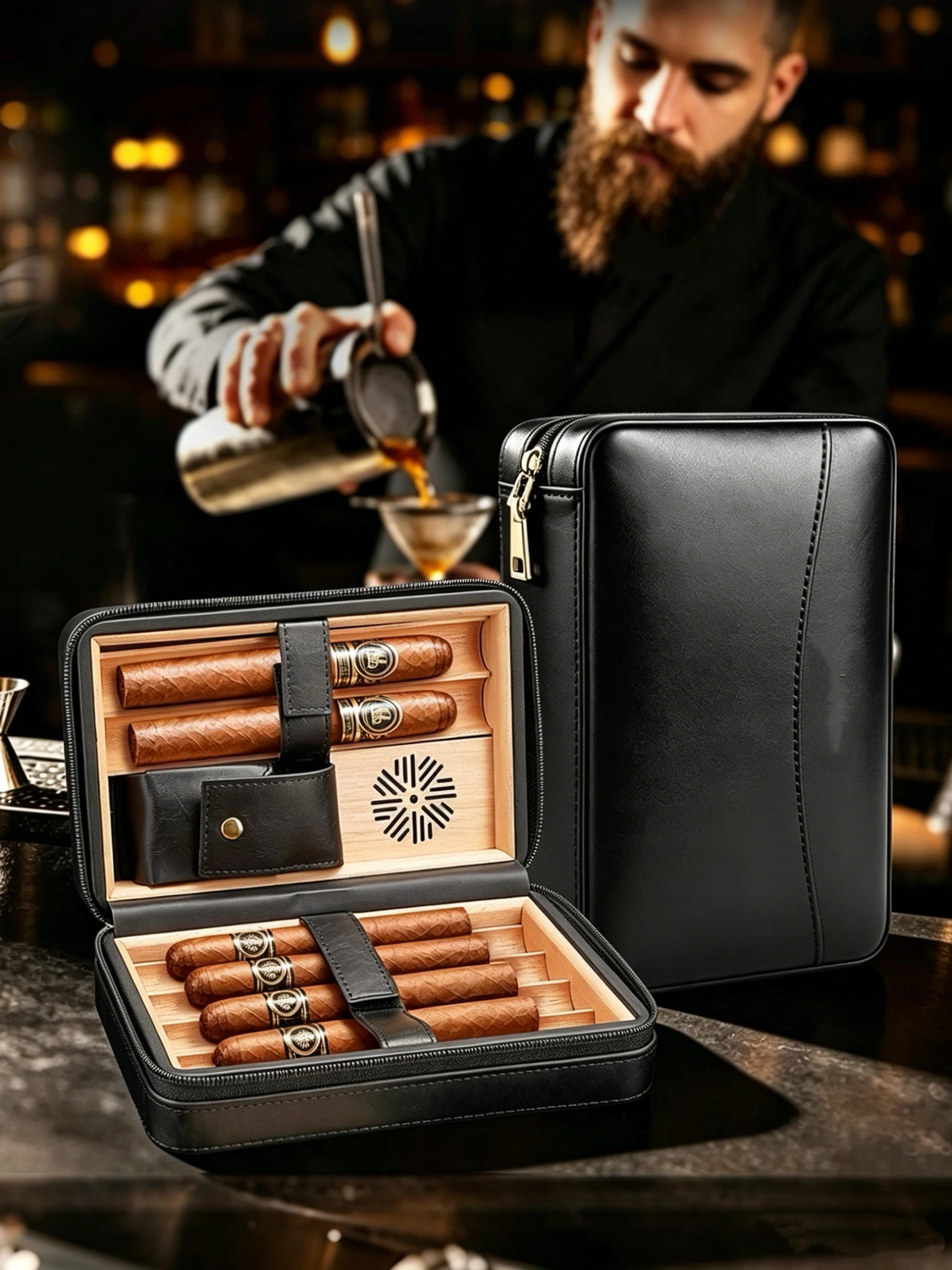 PU Leather Cedar Cigar Box, Portable Travel Cigar Box With Lighter, Cigar Drill, Dropper, And Humidifier.