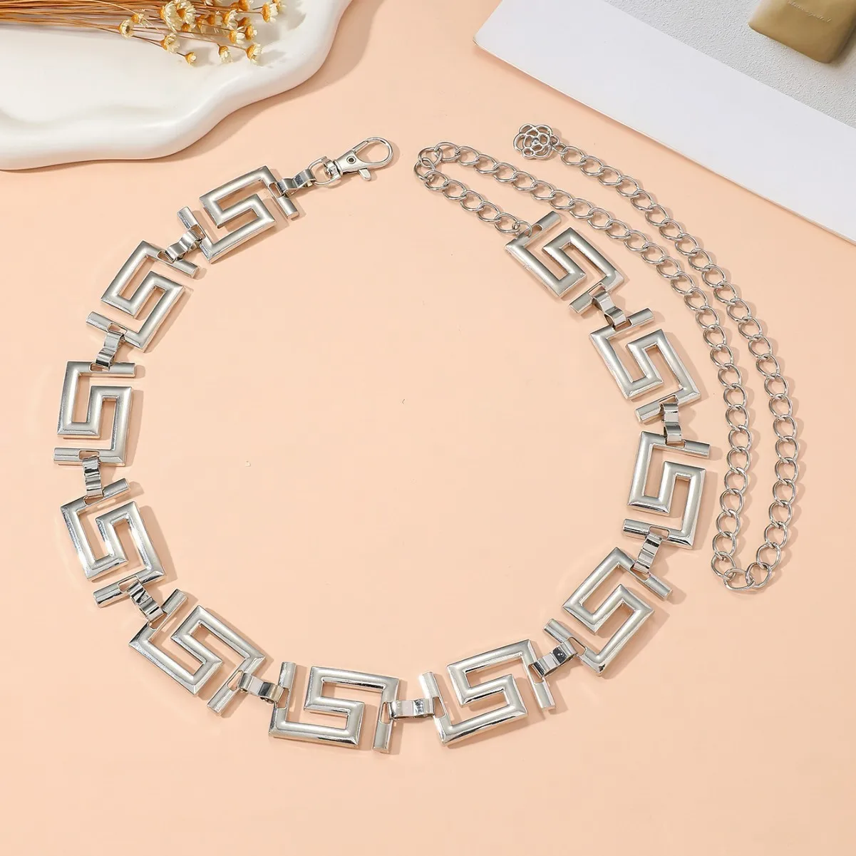 Greek Key Geometric Linked Metal Waist Chain for Women