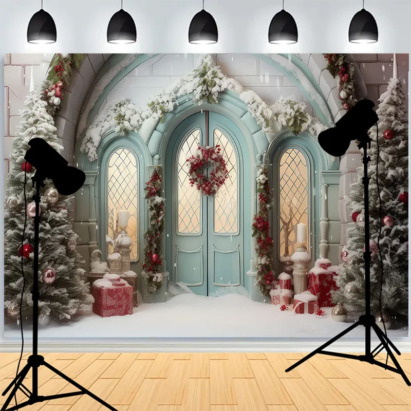 Christmas Scene With Fireplace Door Snow Covered Porch Wreath Living Room Decorations New Year Holidays Party Background XH-26