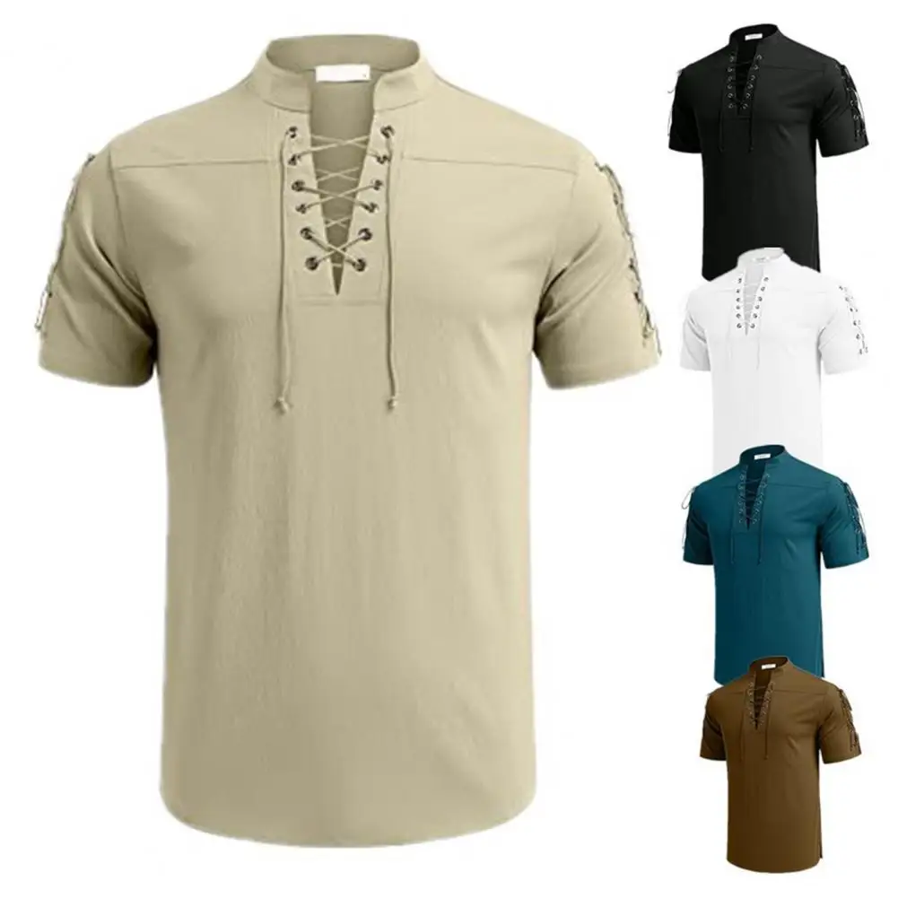 Men Shirt Lace Up Strap Summer Shirt Soft T-shirt Summer T-shirt Casual Top V Neck Pullover Breathablr Mid Length Men Top