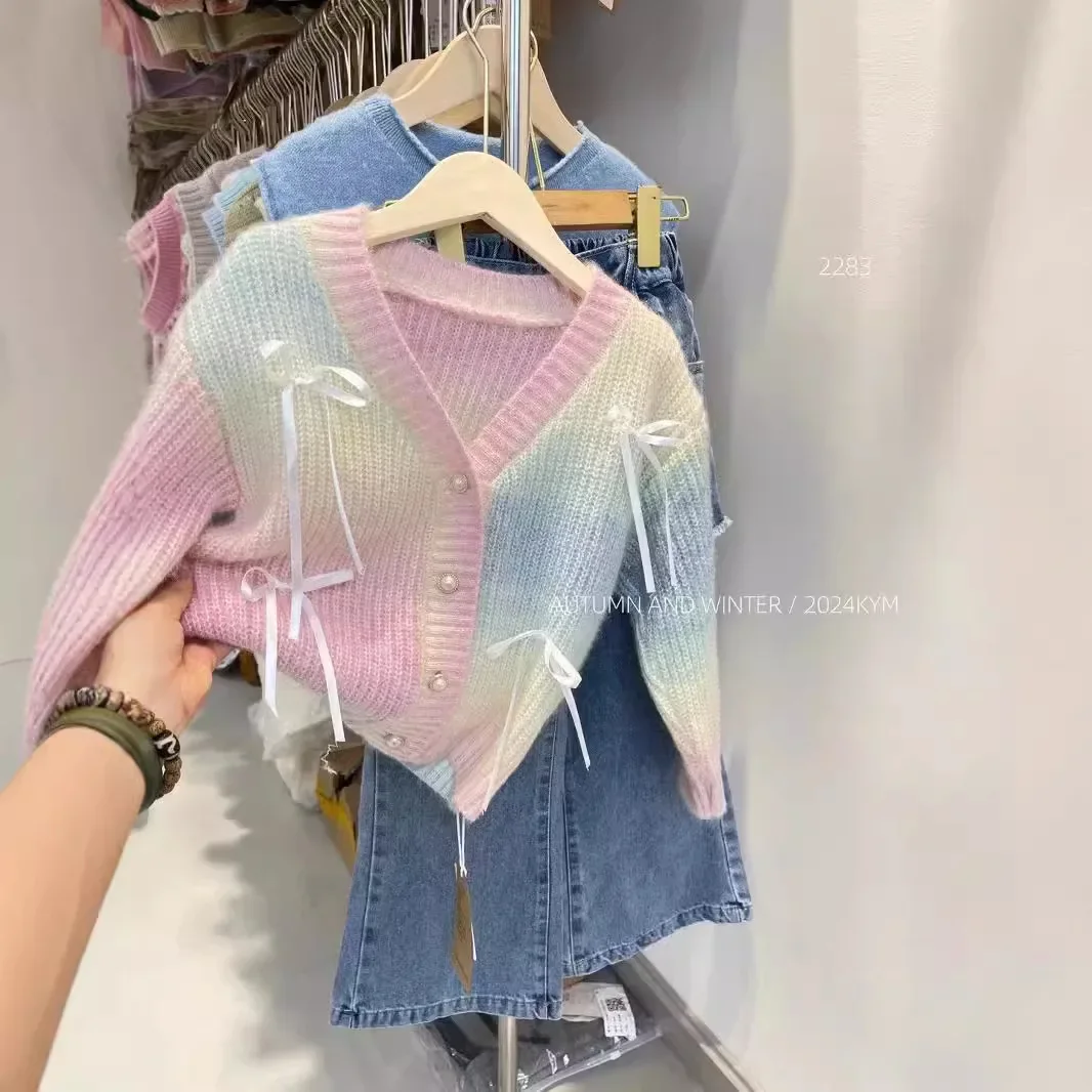 Girls sweater coat baby girl baby rainbow knit cardigan autumn and winter fashion children's fashion autumn top 90-140cm