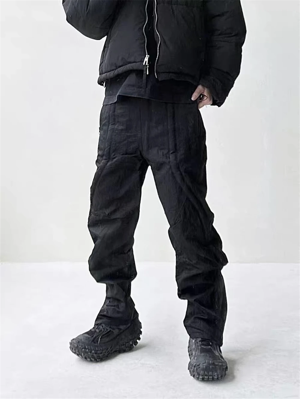 Black Functional Zipper Track Pants Men Ruched Casual Jogger Streetwear