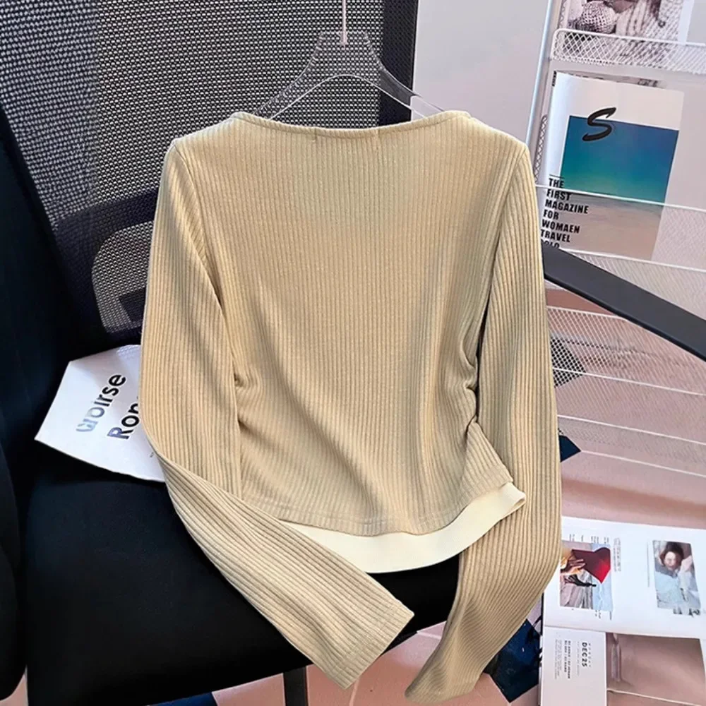 Illusion Long Sleeve T-Shirt Women's Early Autumn 2024 New Design Sensibility NicheUnique Cropped Top Slimming Your Silhouette