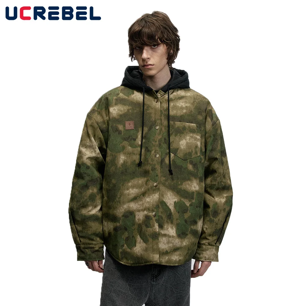 Camouflage Spliced Hooded Quilted Jacket Mens Retro High Street Autumn Winter Long Sleeve Loose Single Breasted Thick Outerwear