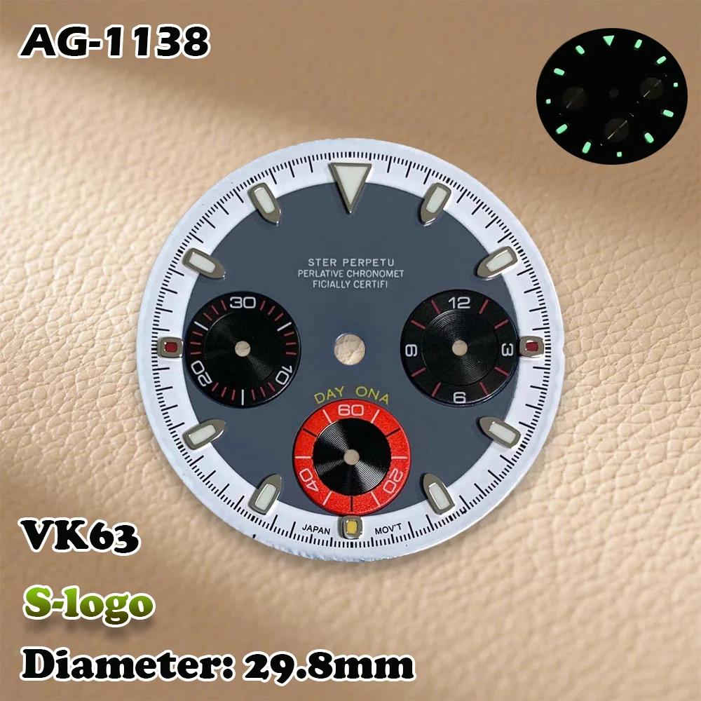 VK63 29,8 mm uurwerken S-Logo Panda Style Dial - Groene lichtgevende C3 herenhorloges Bekijk modificatie accessoires