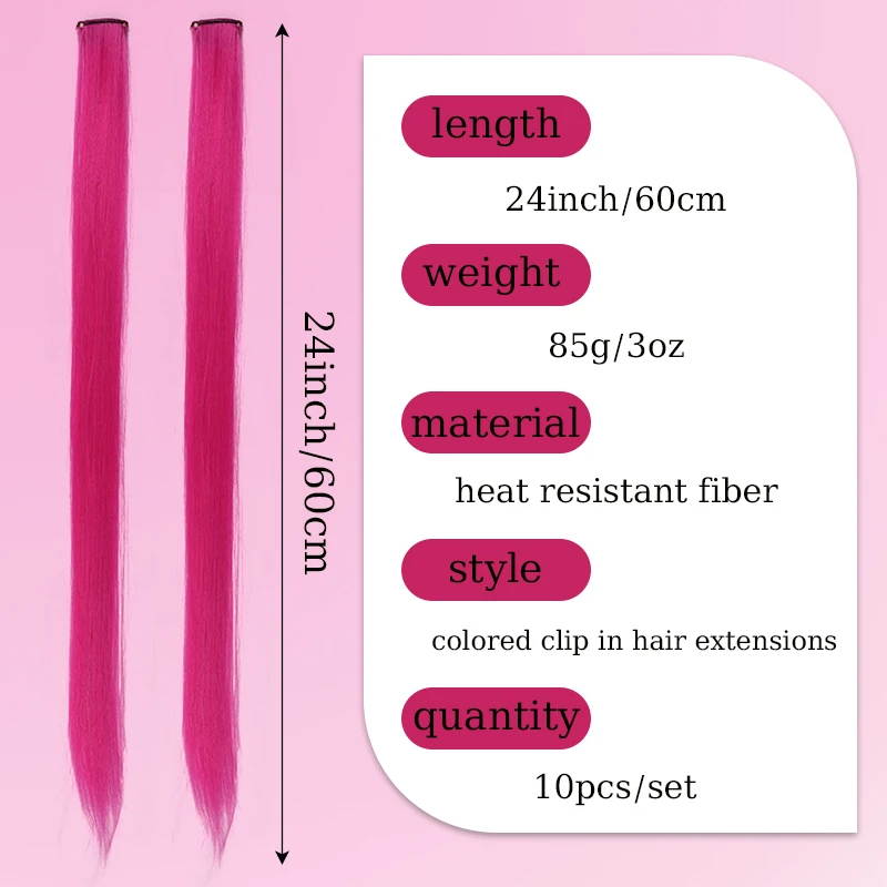 10 Uds. Extensiones de cabello con Clip rosa, peluca con reflejos para fiesta, peluca recta de color sintético para niñas y niños, uso en fiesta de Navidad