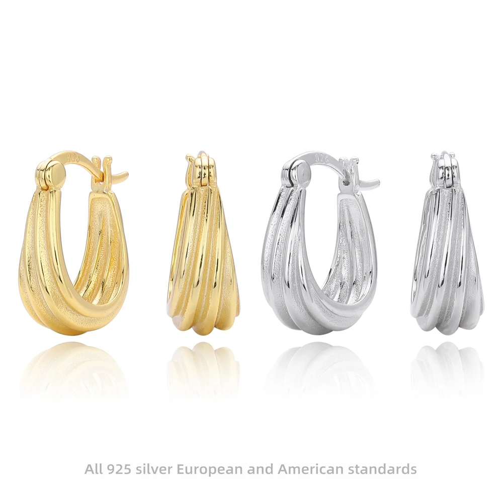 Geometric Lines with Curved Surfaces Earrings S925 Sterling Silver Plated with 18K Gold Ear Studs for Woman Jewelry Gift