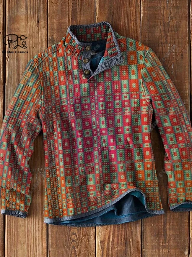 PLstar Cosmos new 3D printing tribal retro pattern series warm stand collar sweater Polo street casual unisex winter Polo L-15
