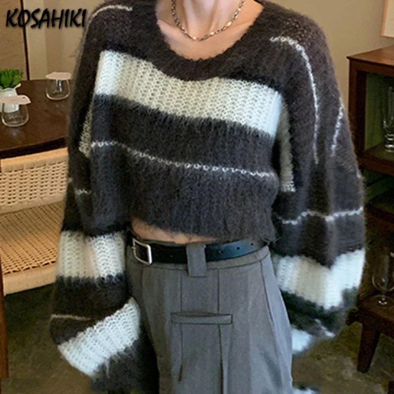 

Autumn Contrast Color Casual Striped Sweaters Women Fashion Harajuku Jumper Loose Knitted Y2k Aesthetic Grunge Crop Pullovers