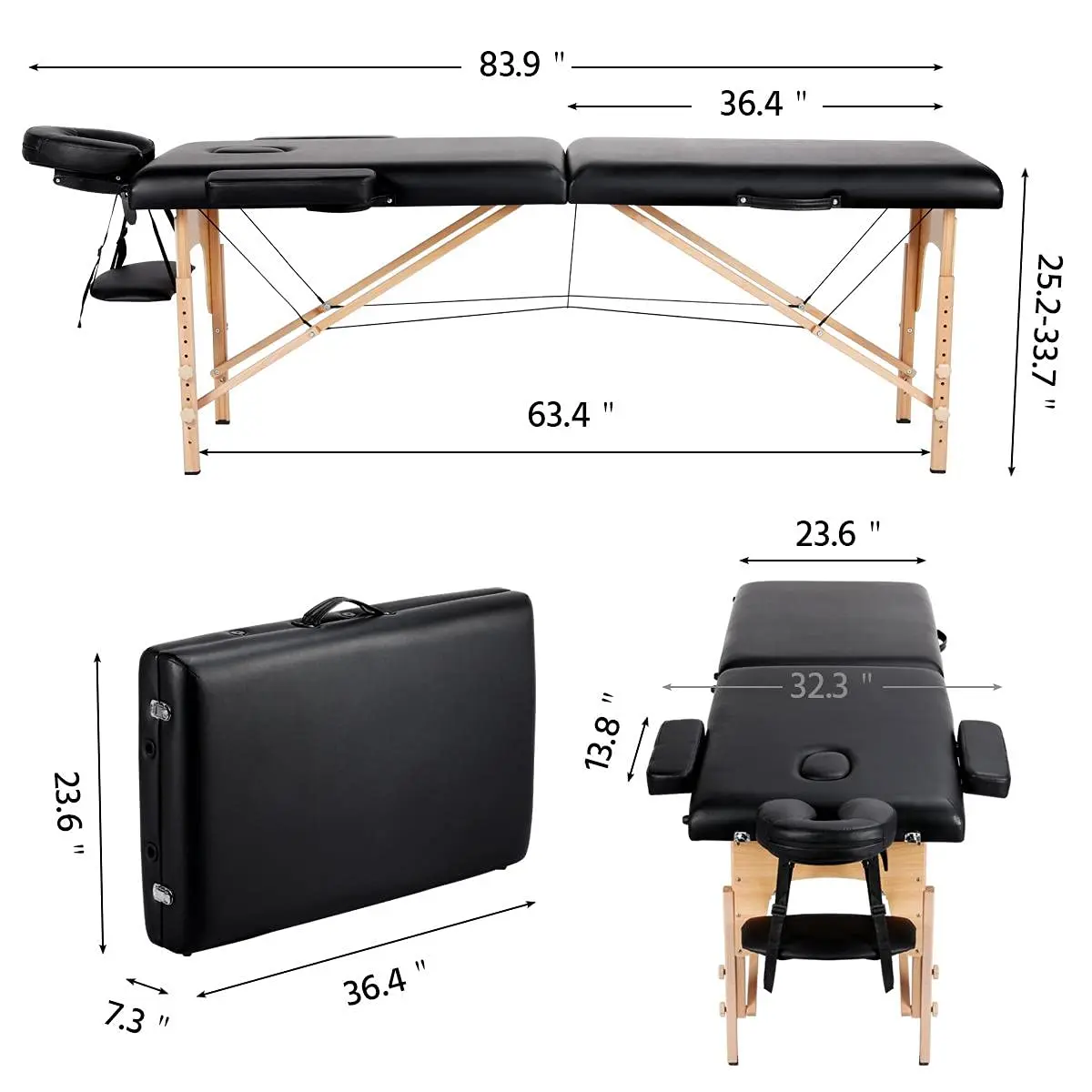 Spa Bed Draagbare Lash Bed Massage Bed Opvouwbare Spa Tafels Verstelbaar 2 Vouw Met Niet-Geweven Tas 24 Inch, Zwart