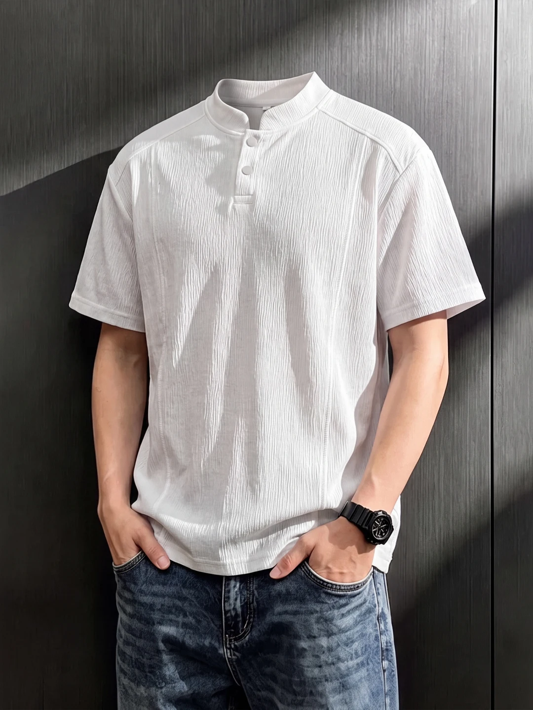 American Style Ice Silk Short Sleeve  Shirt Men's Summer Design T-Shirt CleanFit Half Sleeve Henry Collar Tree Skin Pattern