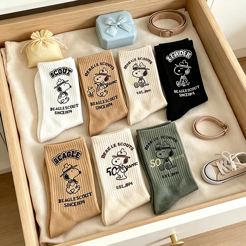 Cute Snoopy Mid Calf Cotton Socks High Elastic Soft Breathable Women Hosiery Casual Sports Daily Outfit Matching Accessory Gifts