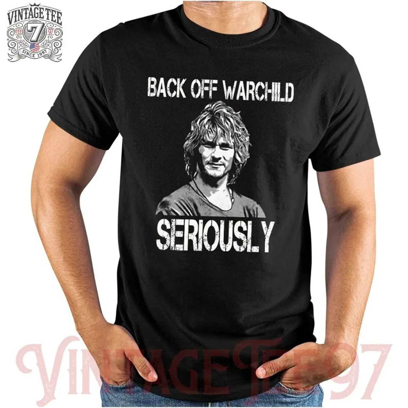 May include Black t shirt with a white graphic of man long hair and the text Back off Warchild Seriously vintage Washed