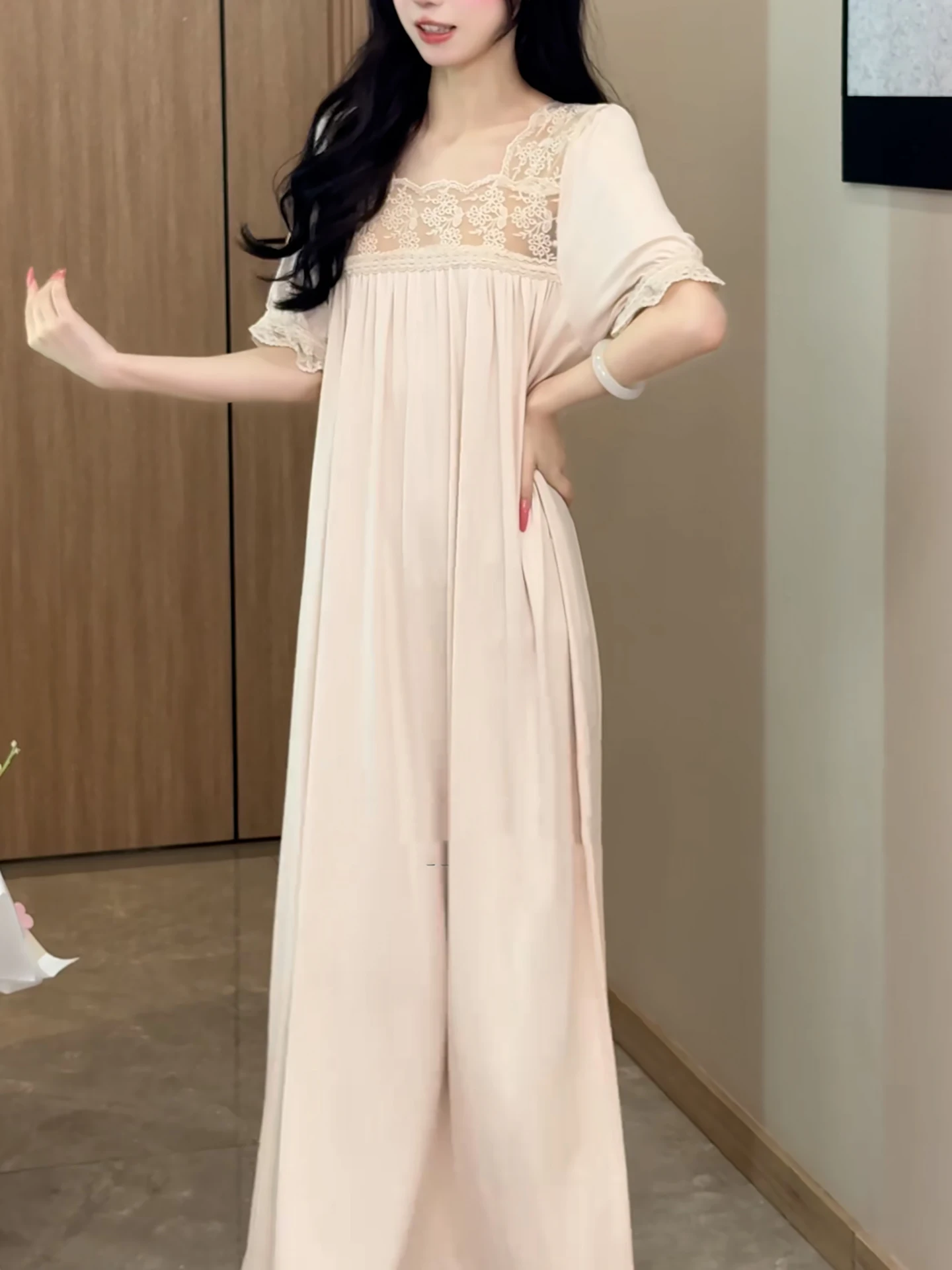 vestito-da-notte-in-pizzo-modal-stile-principessa-a-maniche-corte-abito-lungo-da-casa-sensazione-fresca-adatto-per-l'estate-comodo