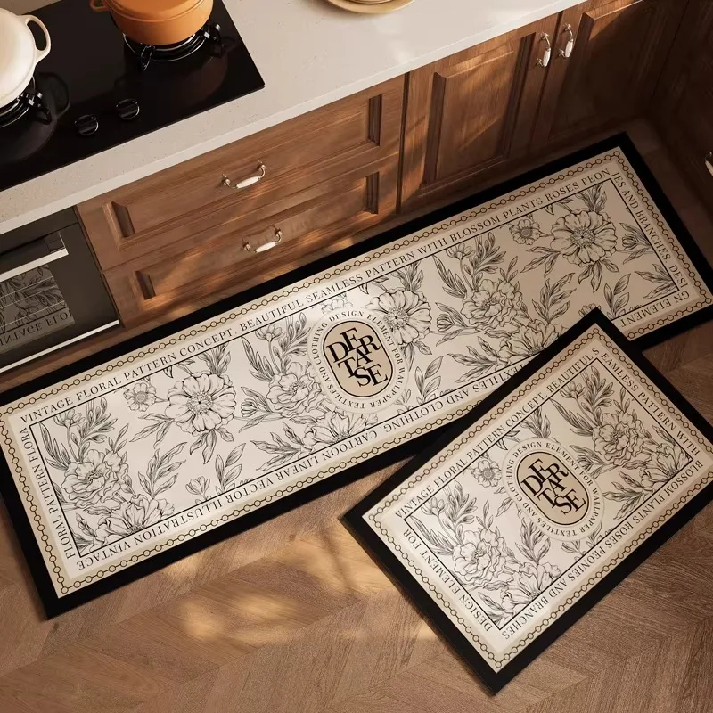Kitchen Rug Pvc Waterproof Leather Carpet American Floral Long Floor Mat Non-slip Oil-proof Minimalist Style Home Decor Rugs