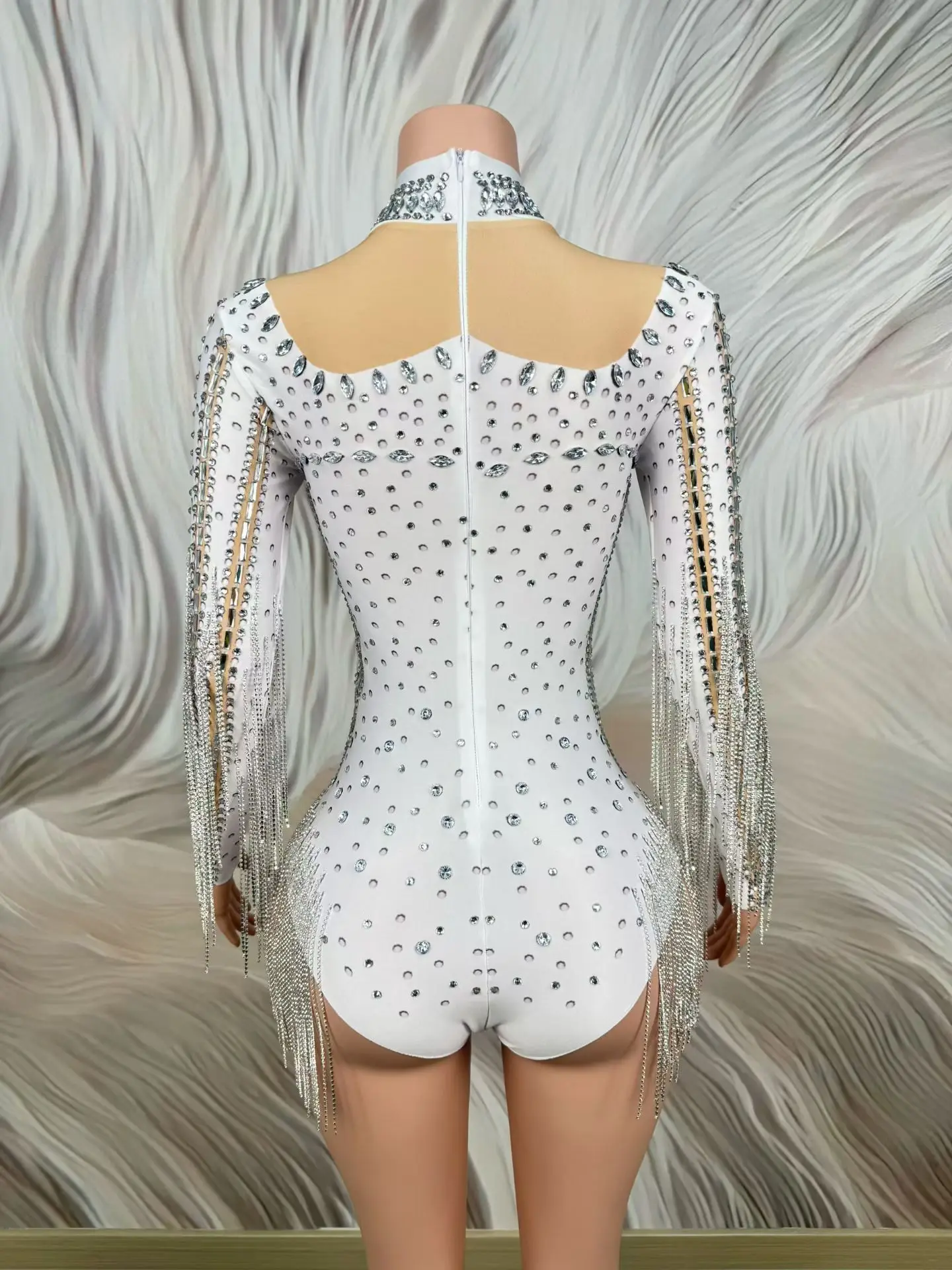 Sparkly Rhinestone Tassel Spandex White Bodysuit Nightclub Show Costume Party Outfit Women Sexy Dance Singer Stage Wear Xiaobai