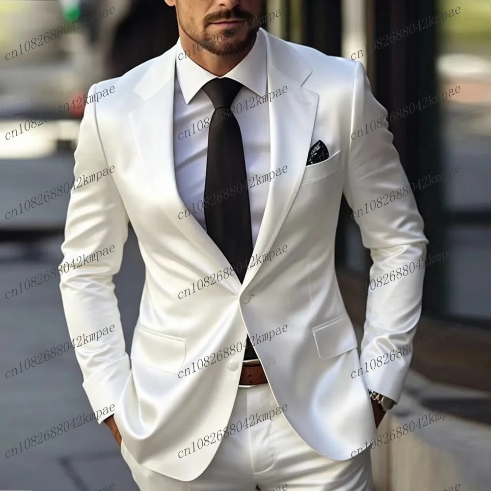 White Acetate Satin Formal Men Suit Groom Groomsman Wedding Party Prom Business Male Tuxedos 2 Piece Set Blazer Pants