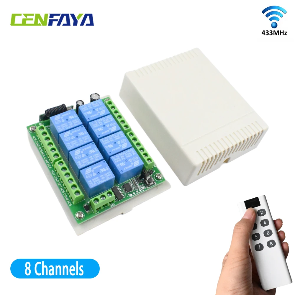 CENFAYA DC 12V Wireless Relay Remote Control Switch 433MHz RF 8 Channels Relay Receiver Board 8 KEY Transmitters for Motor Door