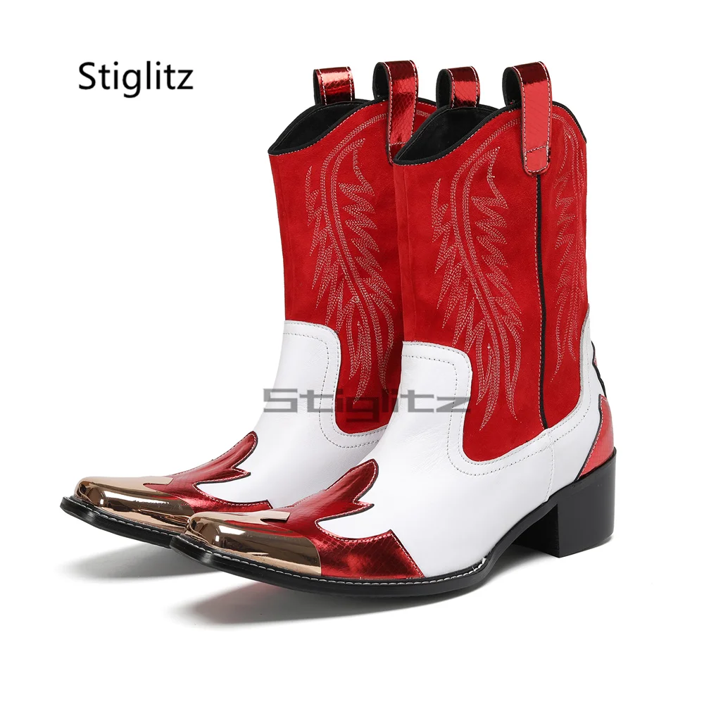 

Мужские ботинки для верховой езды из натуральной кожи с вышивкой, красные, белые лоскутные ботинки до середины икры с металлическим носком, мужская обувь без шнуровки на высоком каблуке