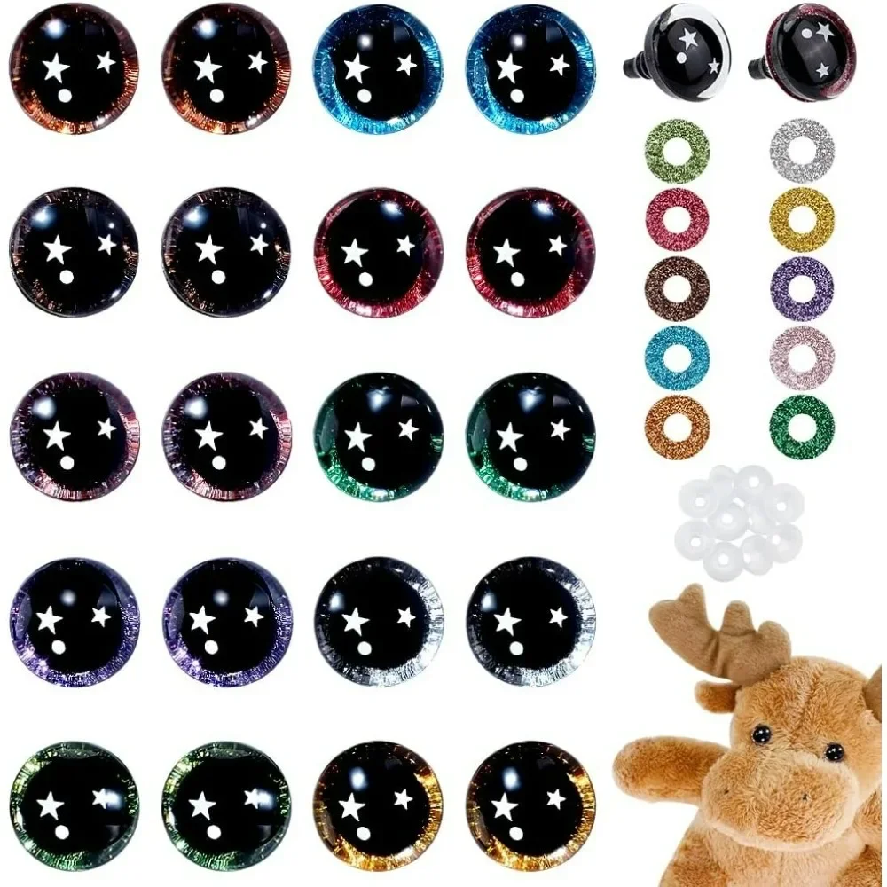

30 Pairs18mm Star Safety Eyes for Crocheting 10 Colors 3D Glitter Craft Eyes Resin Crochet Eye with Washers Plastic Amigurumi