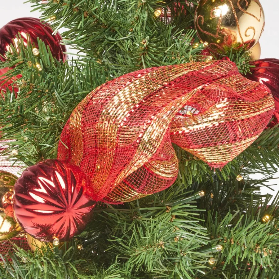 2 ROTER GOLD DRATION BURLAP-Baum MIT 50 warmen weißen LED-LICHTERBATTERIE BETRIEB